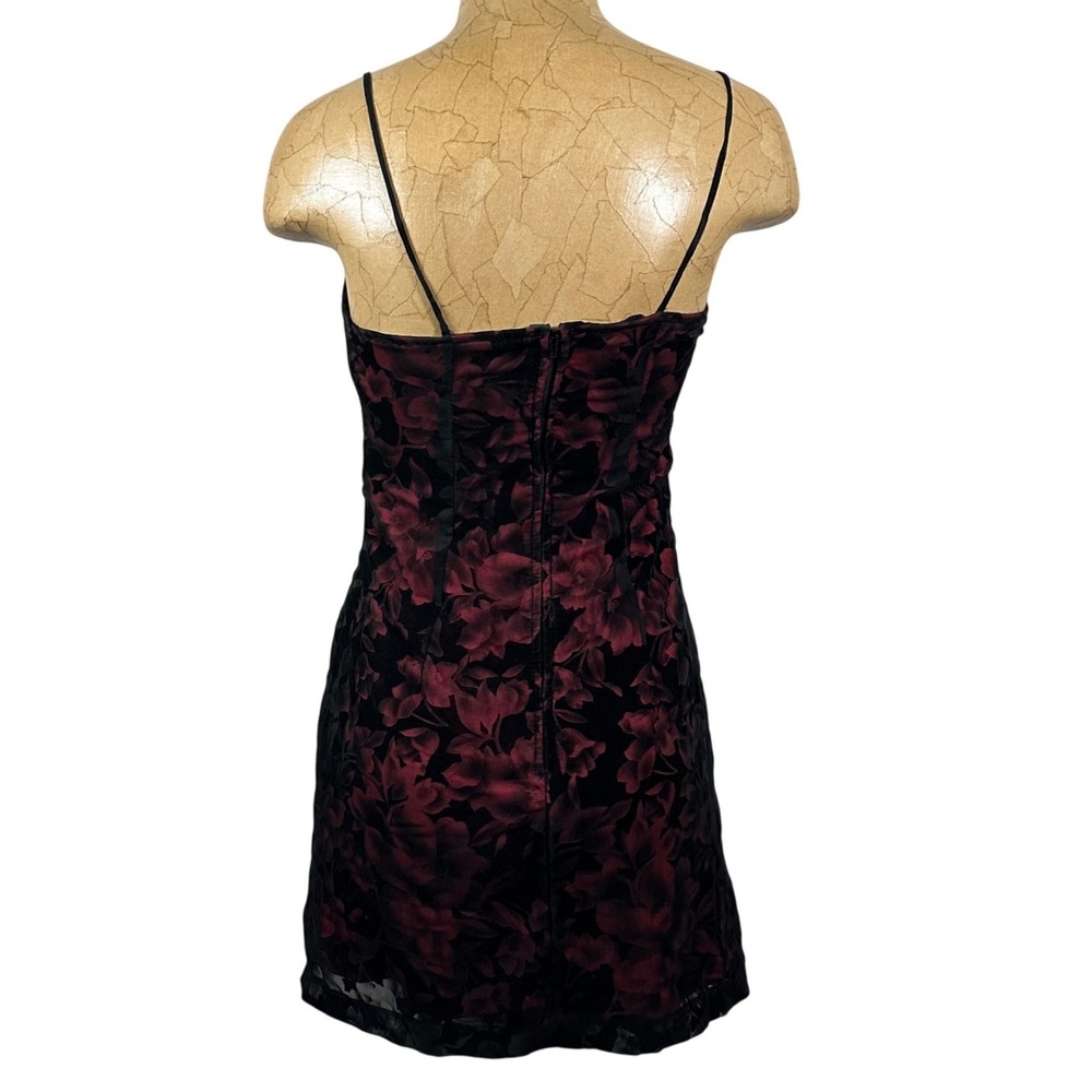 Evolution Not Revolution Vintage 90s Red Black Floral Velvet Burnout Mini Dress - Picture 5 of 9